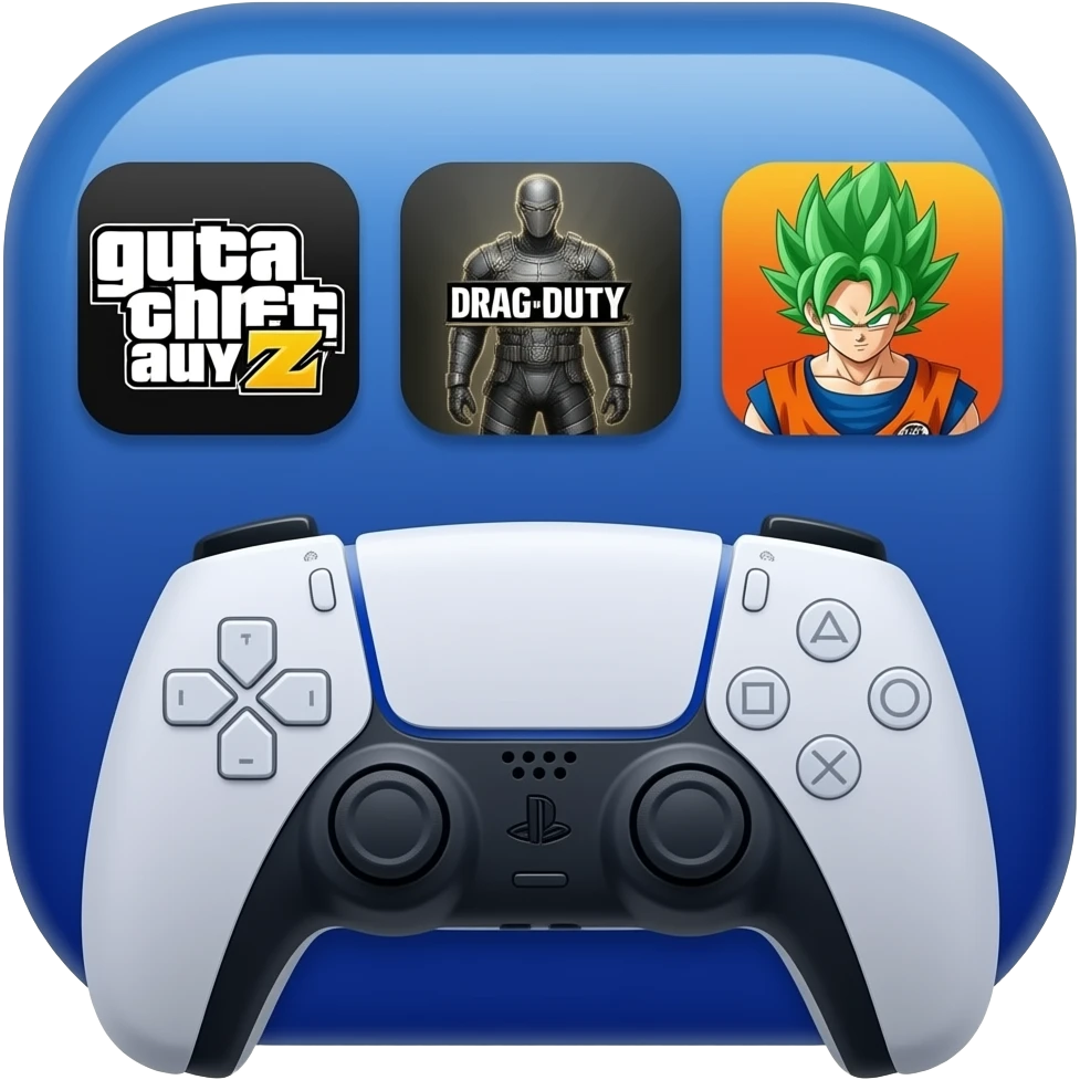 icone avec a l interieur des icone de jeu gta call off duty et dragon ball z et une mannette ps5 devant emoji