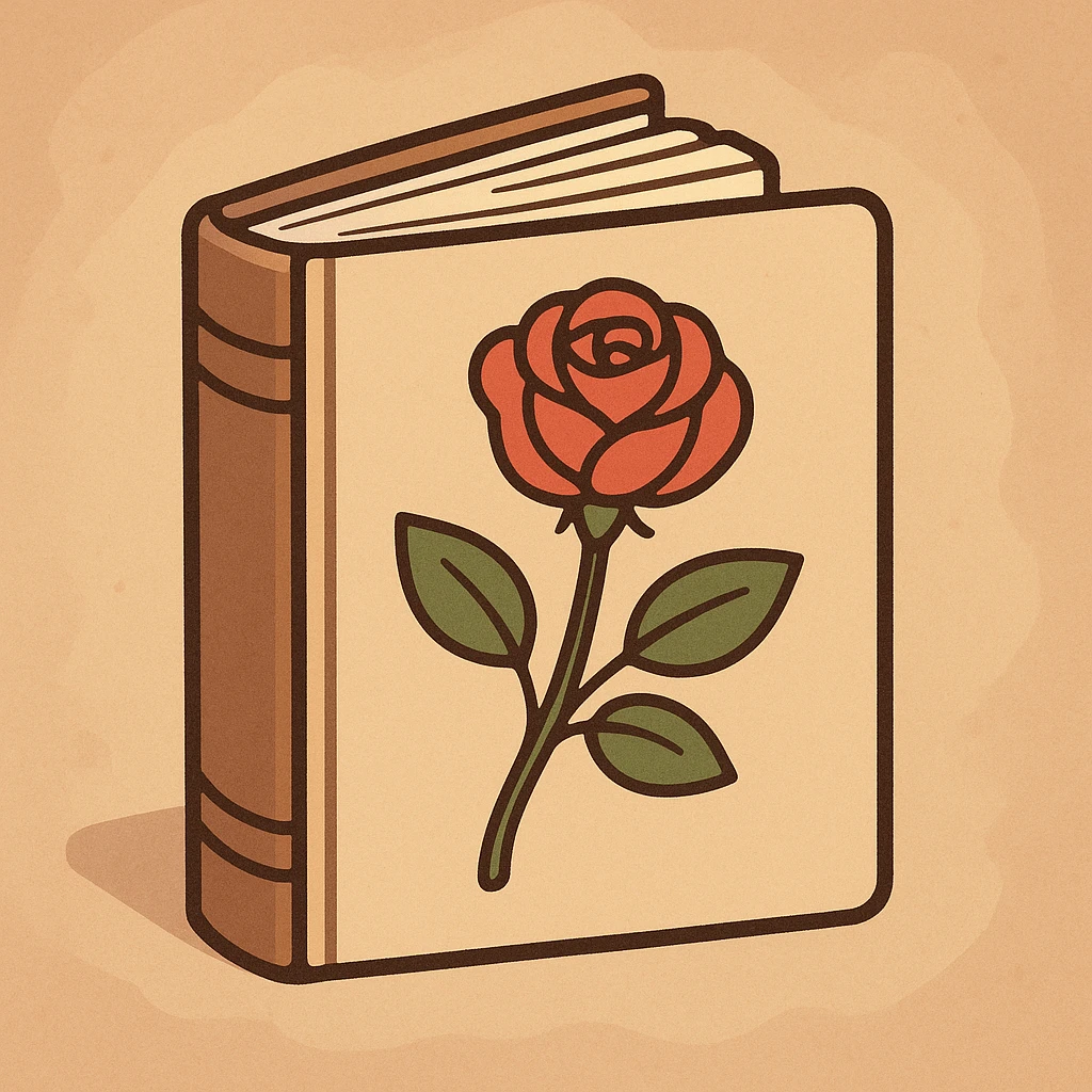 an open book with a rose illustration on the front cover, soft colors, flat toon style emoji