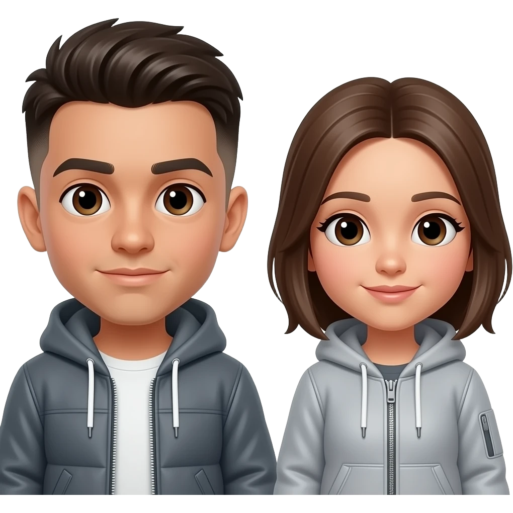 Koyu kahverengi gözlü, Kumral, Buzz Cut saçlı erkek çocuk yap saçını biraz daha uzat ve ten rengini buğday yap saçını düzleştir yanına da gri hırkalı Kumral koyu kahverengi gözlü kız koy kızın saçını biraz daha uzun yap ve üstüne gri hırka giydir emoji
