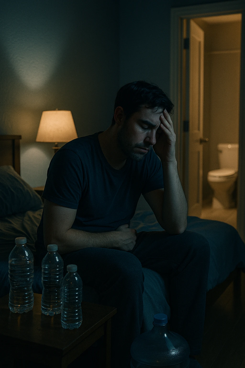 A cinematic scene of a man in his 30s sitting on the edge of his bed at night, clearly tired and frustrated. On his nightstand are several empty water bottles and a large reusable water jug, suggesting excessive hydration. A dim lamp casts soft shadows in the room, and the door to the bathroom is open with light spilling out — symbolizing repeated nightly visits. The man holds his head in one hand, while the other rests on his abdomen, eyes heavy with fatigue. The atmosphere is quiet and introspective. Cool color grading with deep blues and pale yellows enhances the nighttime mood. Style: 35mm cinematic realism, with attention to emotional detail and ambient lighting emoji