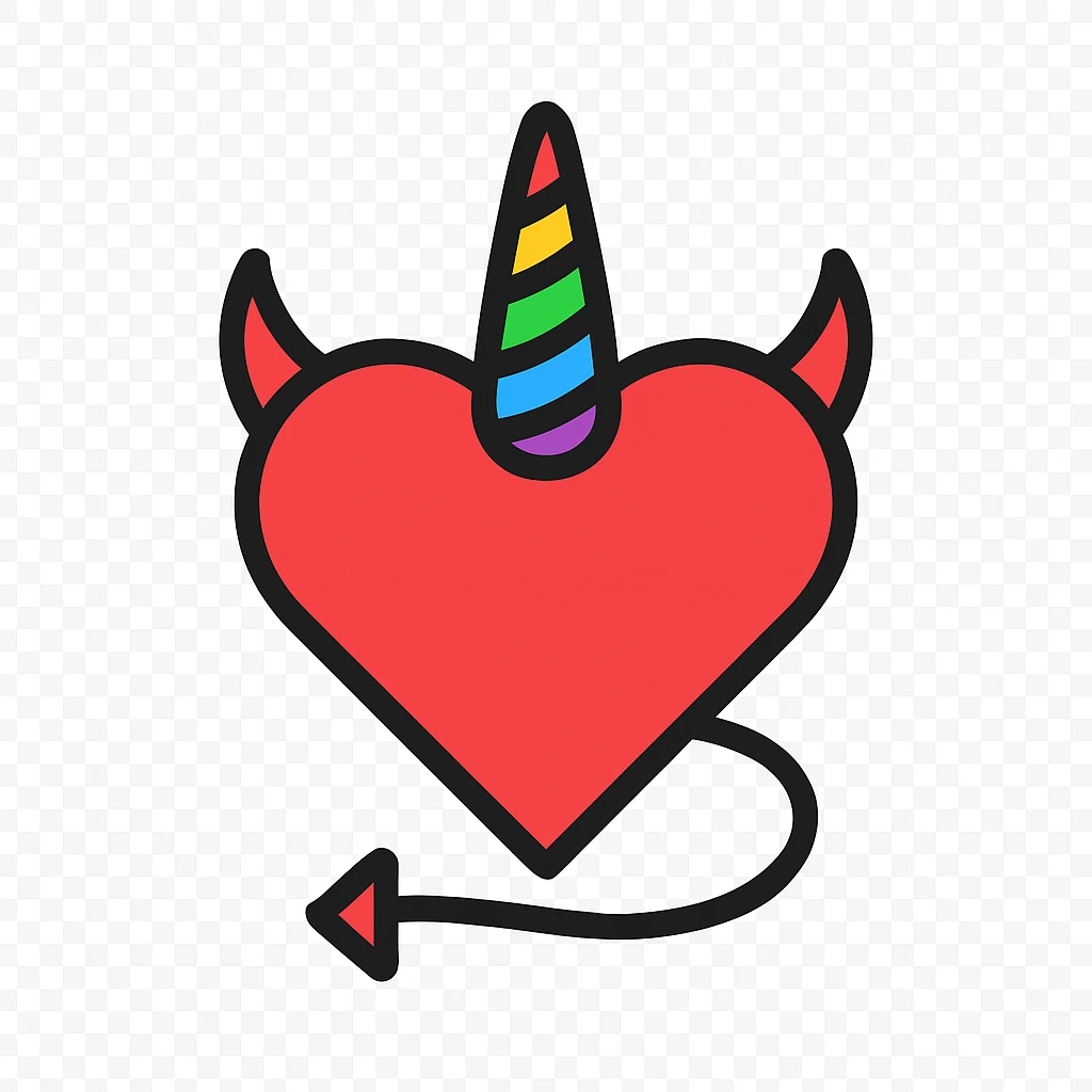 minimalist devil heart icon, red heart with a single rainbow horn, pride theme emoji