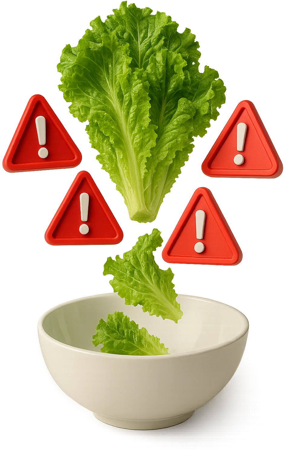 insalata che cade verticalmente in una bowl bianca insieme a segnali triangolari di pericolo con punti esclamativi rossi in 3d, iperrealistica 4k emoji