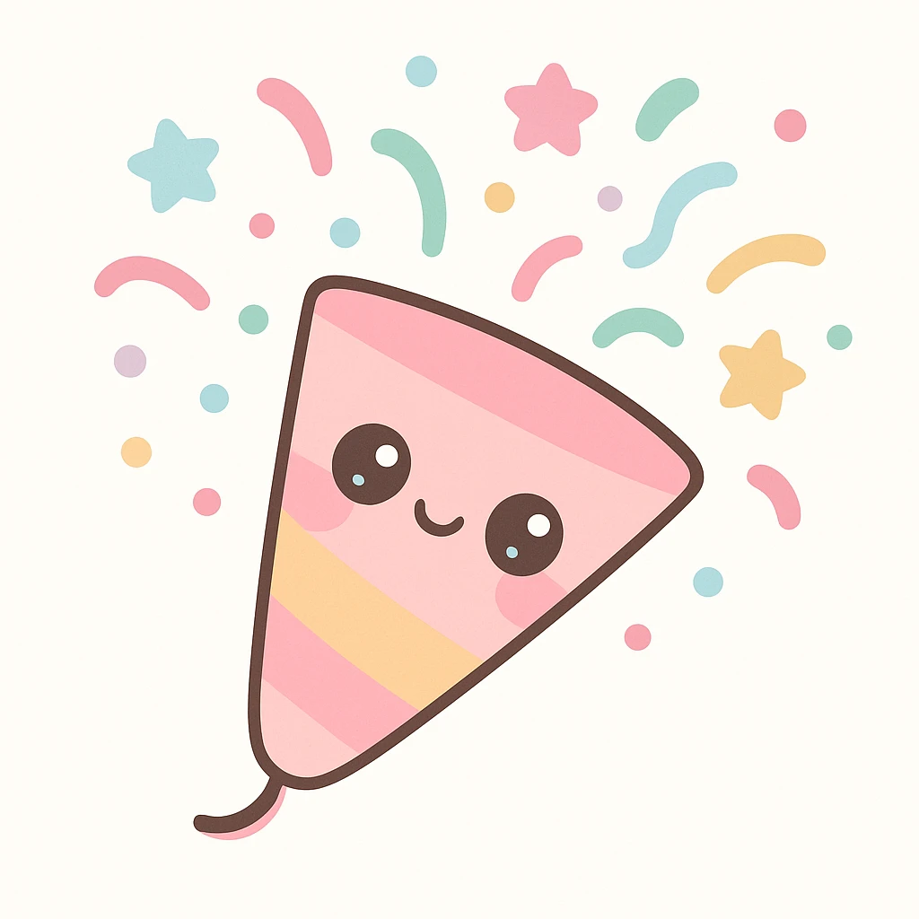 cartoon party popper, big eyes, multicolored confetti, playful, white background emoji
