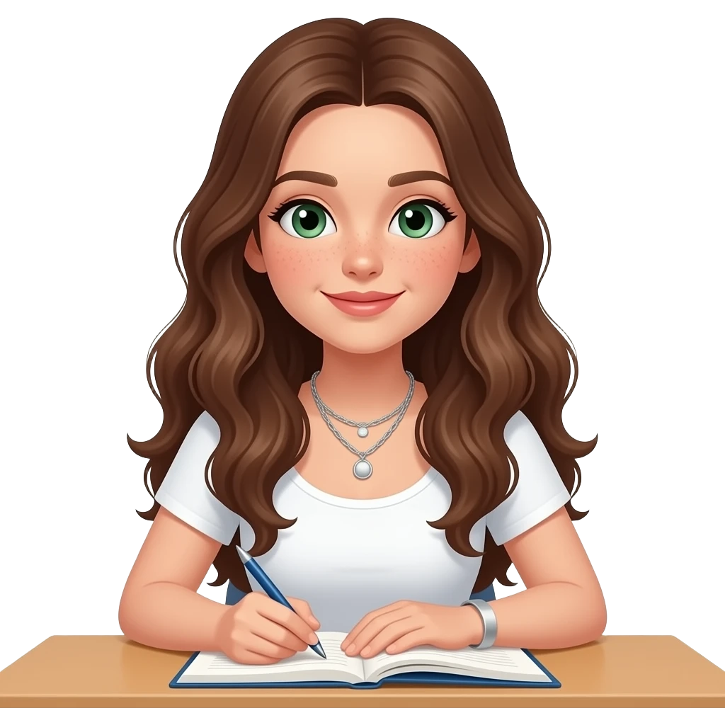 CUTE GIRL PREPPY WITH not volominous WITH WAVEY LONG BROWN HAIR, FRECKLES AND GREEN EYES IN CUTE WHITE TOP WITH SILVER NECKLES, STUDY GIRL emoji