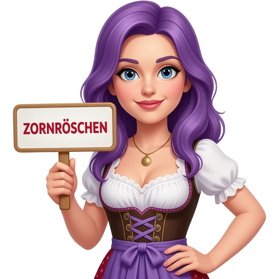 sexy girl with long purple hair wearing a dirndl holding a ZORNRÖSCHEN sign emoji