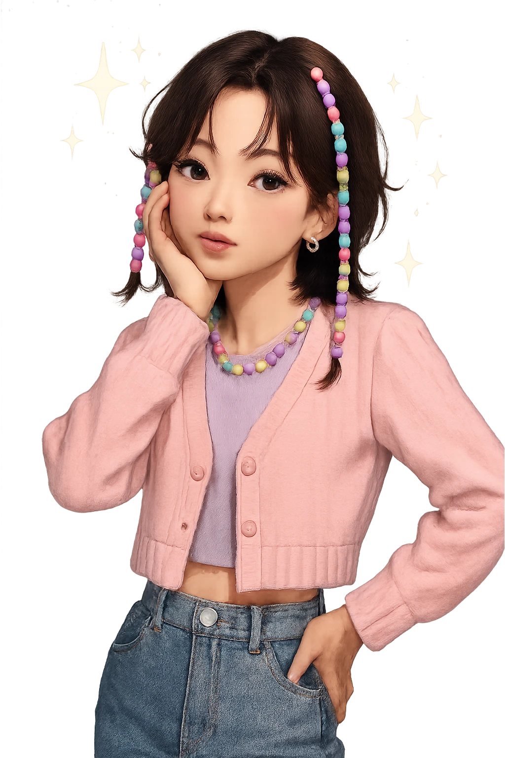 kpop star with pastel beads and sparkles, cute and trendy emoji