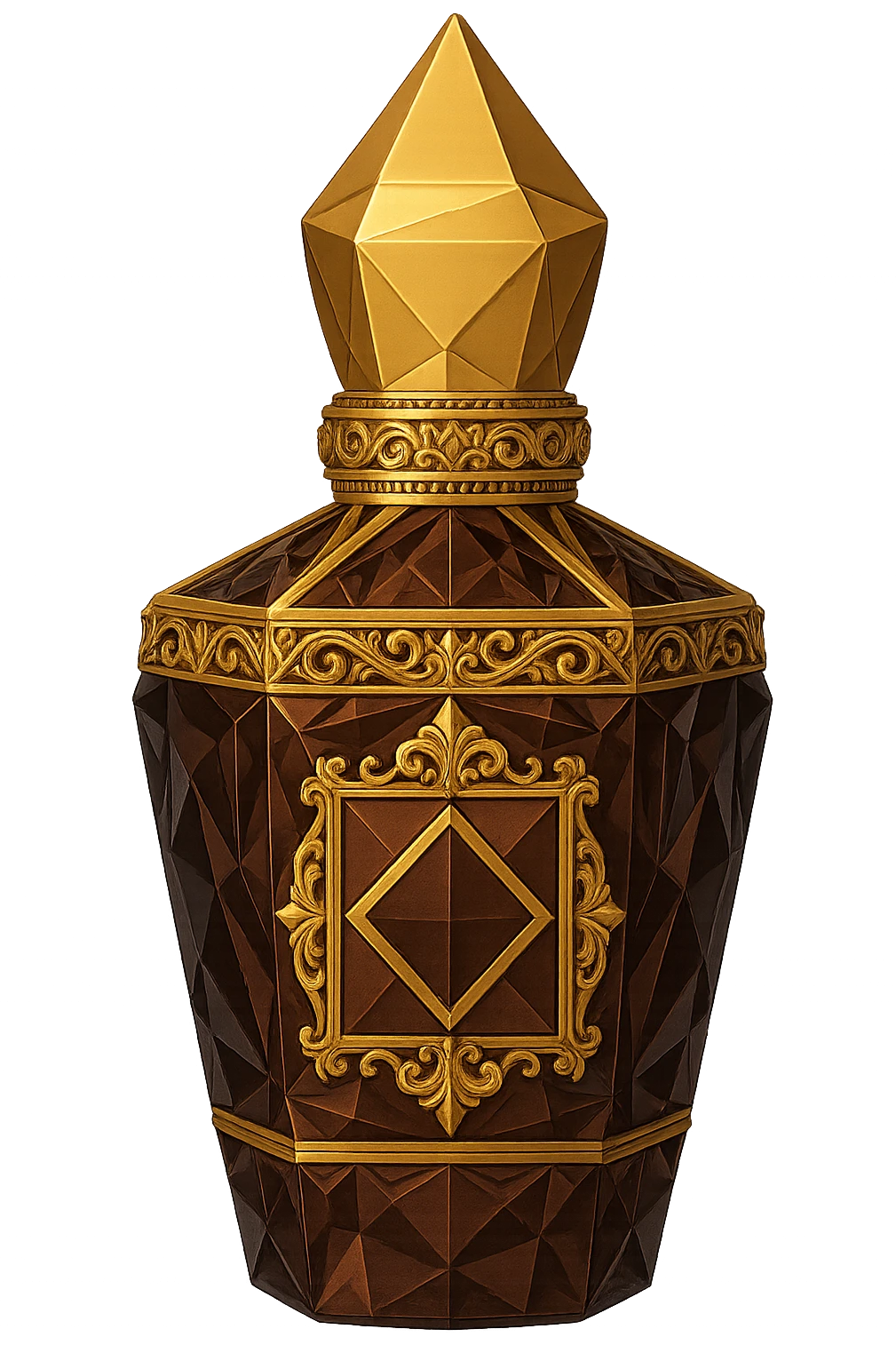 Refine this perfume bottle to closely resemble the shape and ornate details of Xerjoff's 'La Capitale' fragrance bottle, keeping the style geometric and opulent, with no characters or text, and a transparent background. emoji