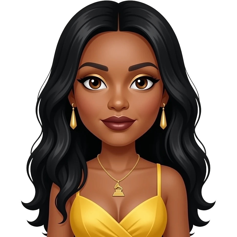 Rozonda Chilli Thomas from TLC with brown eyes, long black extension hair, gold eyeshadow, dark brown lipstick, yellow grammy dress, necklace and earrings emoji