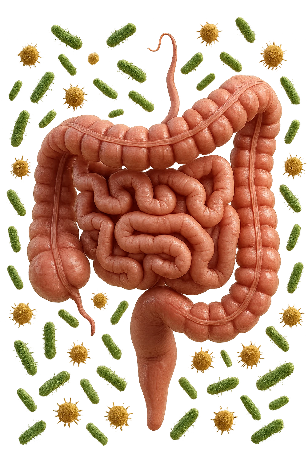 intestino umano anatomico con batteri che fluttuano, iperrealistico 4k emoji
