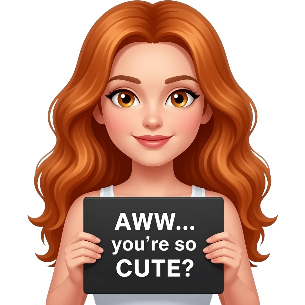 sexy girl with long wavy ginger hair and ginger eyes wearing a white tanktop is holding a black colored sign with AWW... you're so CUTE written on it emoji