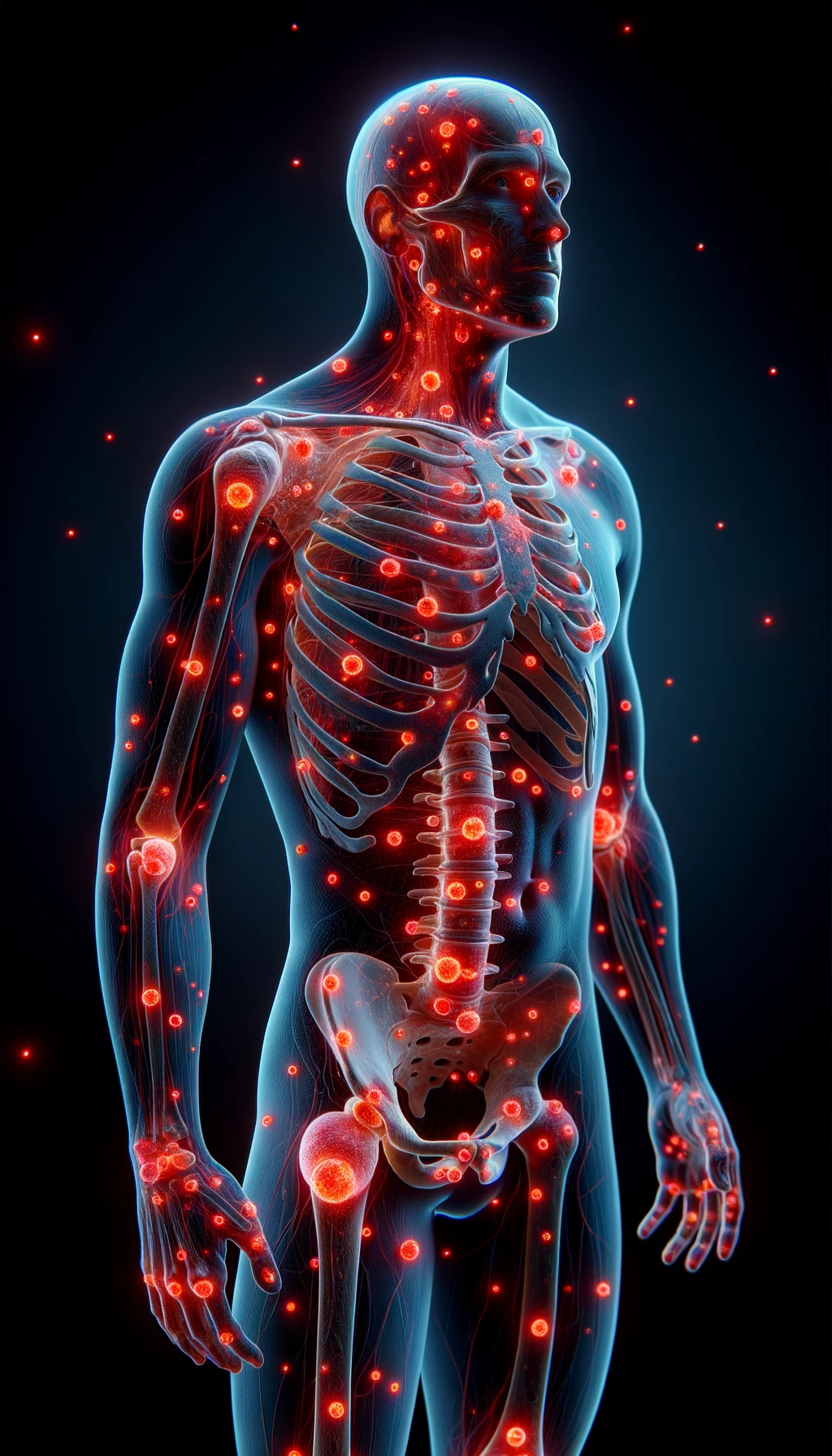CORPO UMANO ANATOMICO CON RED SPOT DI INFIAMMAZIONE SPARSI SUL CORPO, iperrealistico 4k emoji