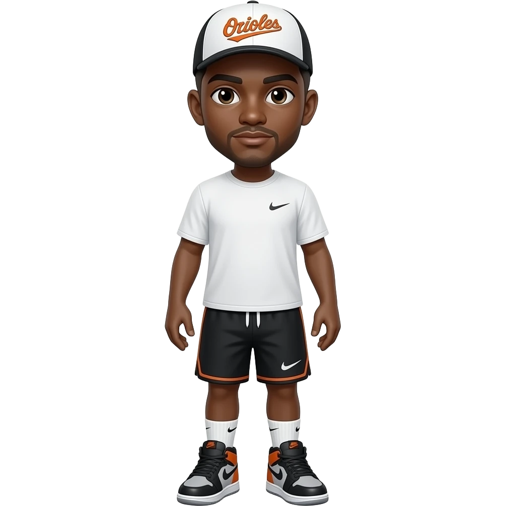 make me a white with a mix of black skin colored man with brown low taper fade with a white baseball white and the hat says orioles in orange with nike shirt nike sjorts, nike socks, jordan 4’s emoji