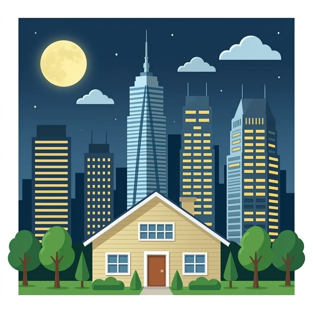 a house and tall office buildings, no sun, no moon, no trees, no green elements, no clouds emoji