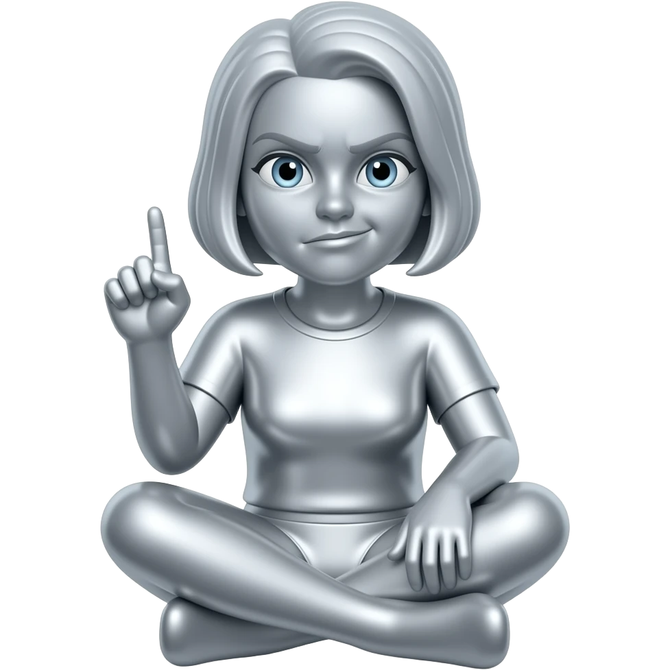 Create an emoji of a seated female figure in metallic silver. The woman is making an ironic gesture. The background is white. The final result must have maximum resolution, high contrast, and extreme sharpness. Illustration style: Vintage – Art Deco – 2D emoji