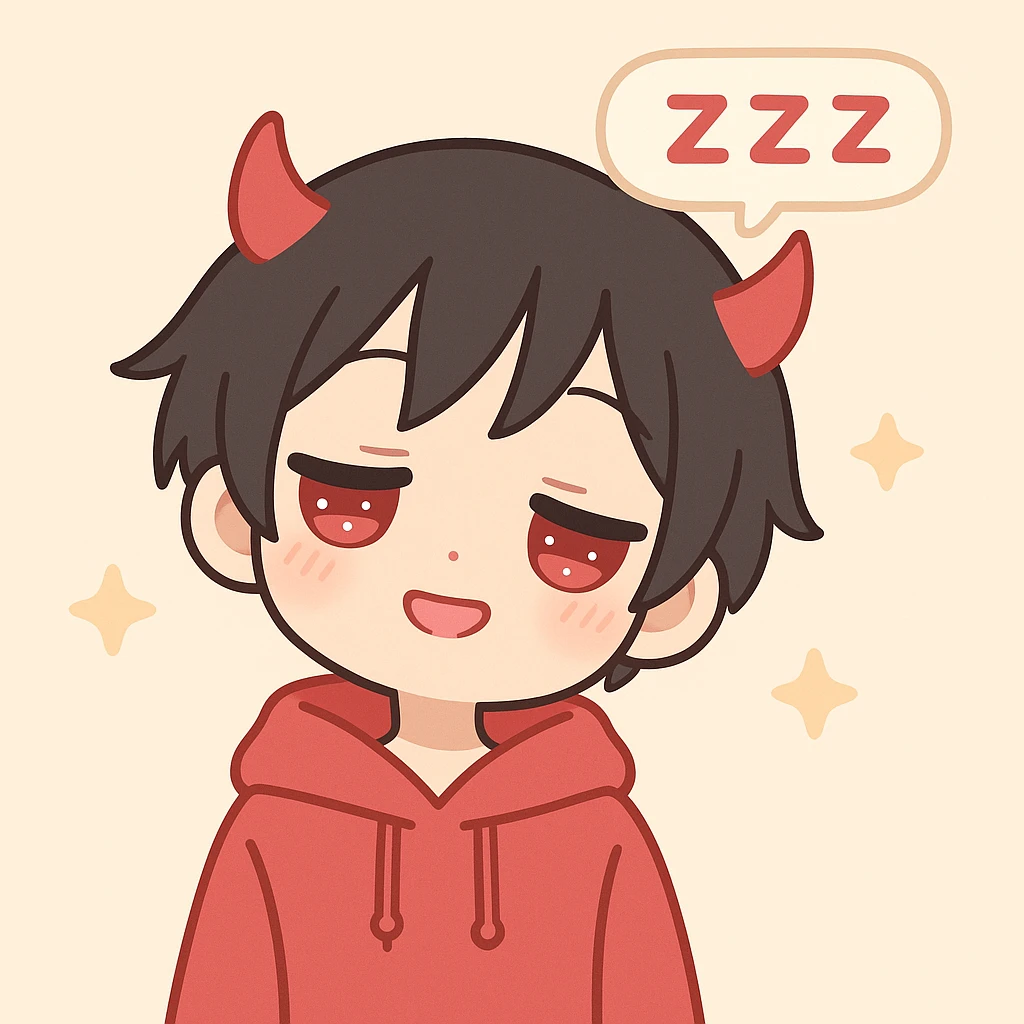 anime teenager with short black hair, red eyes, wearing a red hoodie and red devil horns, three ZZZ's in a horizontal speech bubble, falling asleep emoji