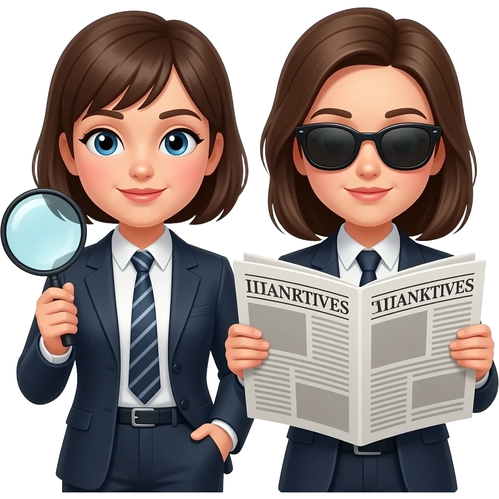 2 girls detectives together the one on the right has sunglasses and a newspaper to hide the one on the laft has one  magnifying glass emoji