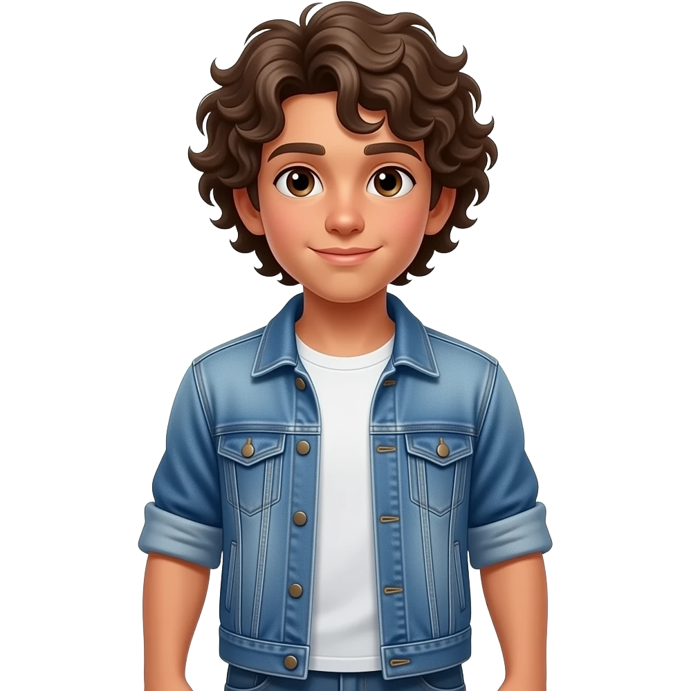 Hazme con el cuerpo entero de pie un chico con pelo rizado largo hacia abajo, ojos marrones, boca y nariz mediana. Bajito de constitución un poco fuerte, bronceado, que este escalando de espaldas con una camiseta y una chaqueta tejana, doce años, bajito y que se le vea solo la espalda y la cabeza. emoji