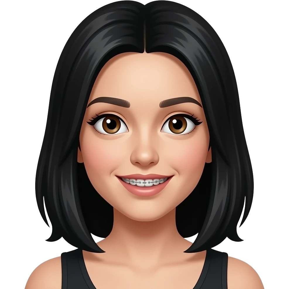 Make a white girl with black hair and brown eyes and nails and braces emoji