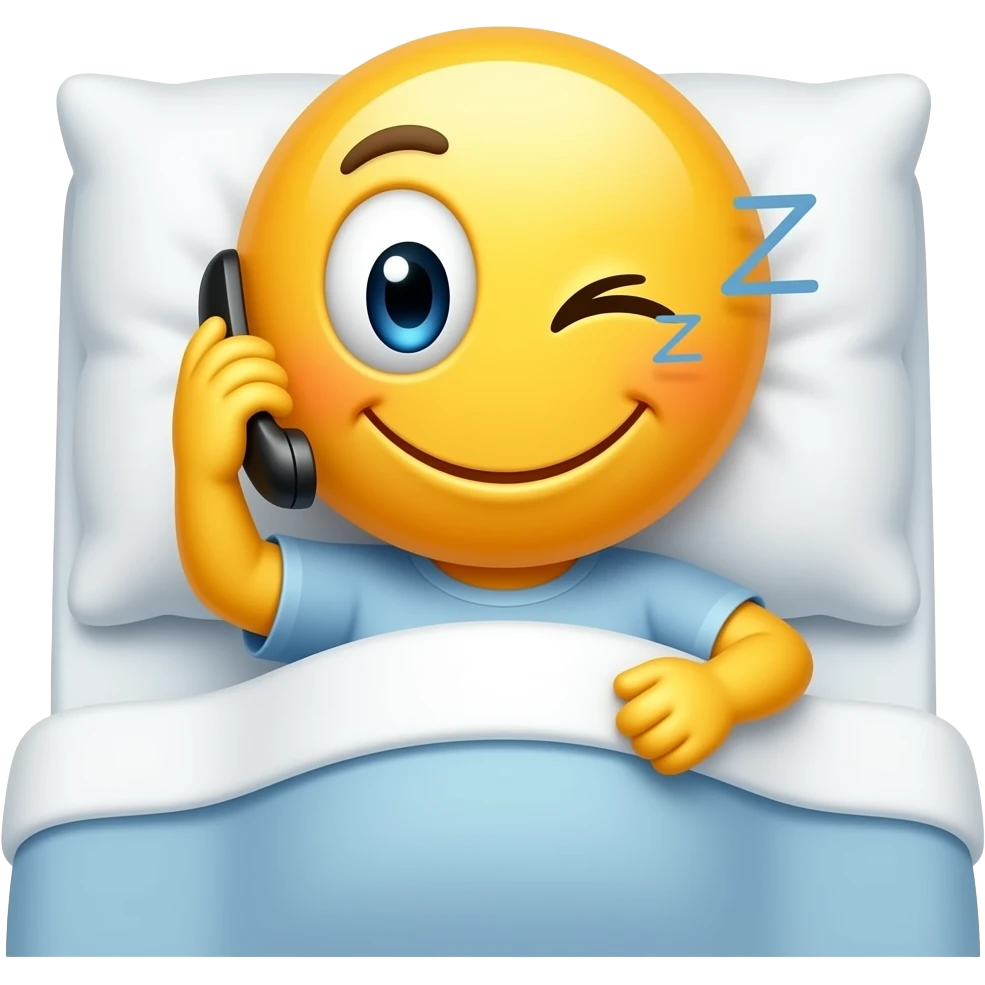 Yellow tired smiley reading phone messages in bed with one eye open sleepy expression emoji