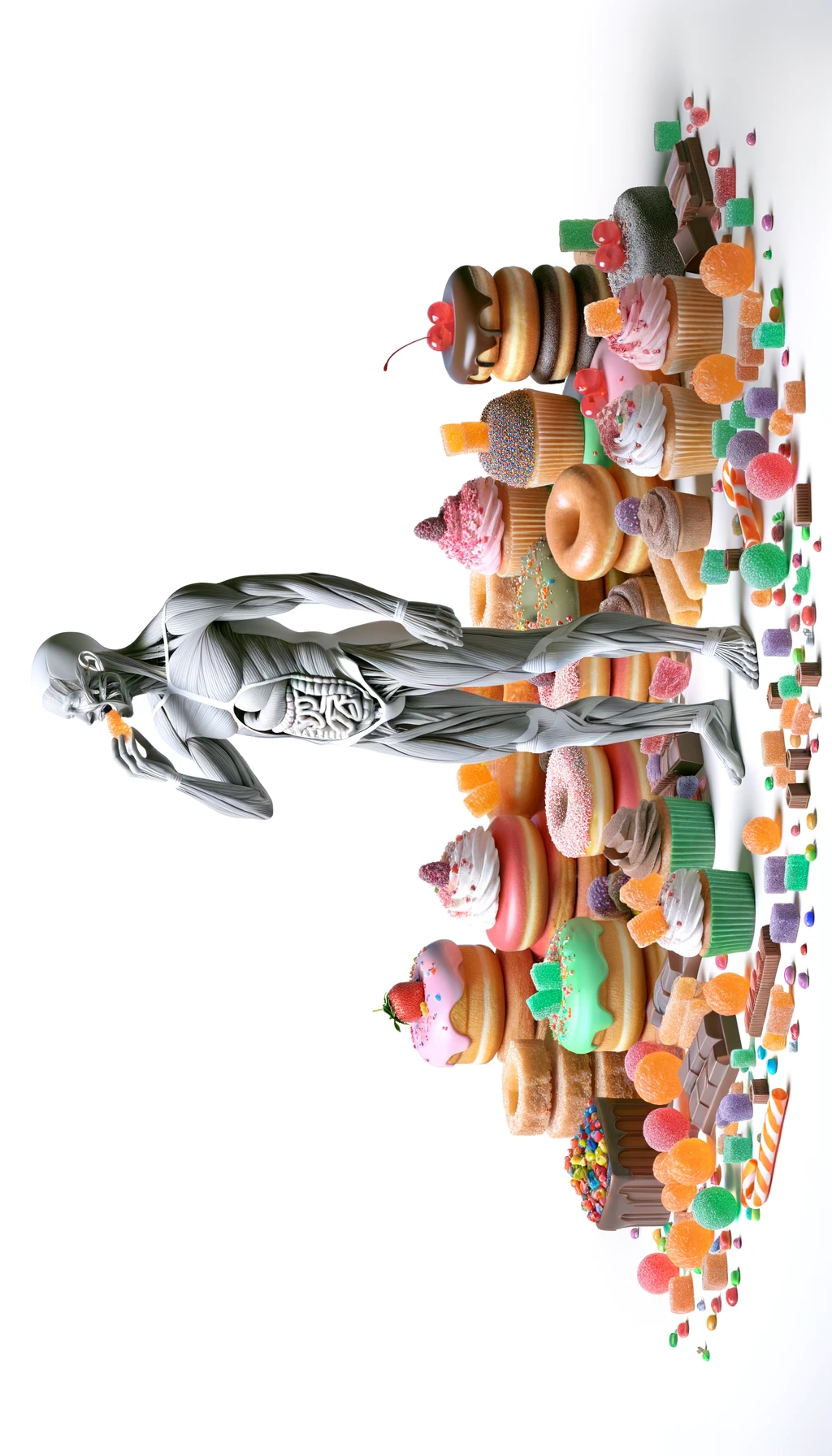 corpo umano anatomico in piedi a figura intera che si abbuffa di dolci e zuccheri, iperrealistico 4k, isolato su sfondo bianco emoji