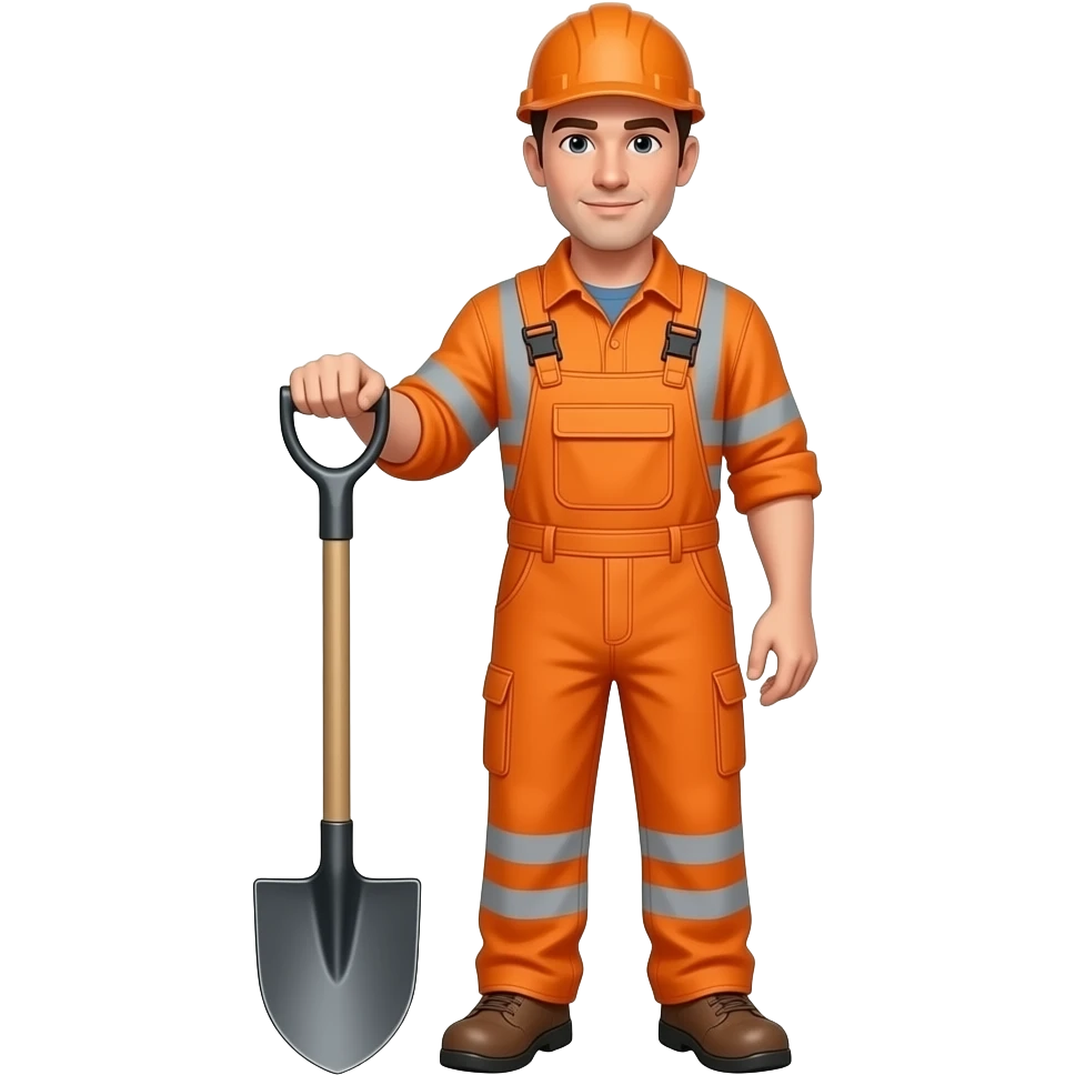 1 man in full orange hi-vis overalls with sleeves standing with a shovel emoji