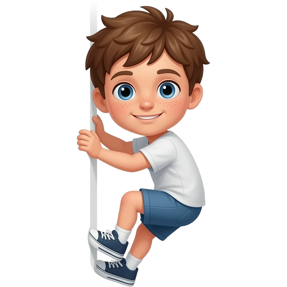 Hazme un chico con pelo rebelde castaño, ojos azules y unas pecas. que este escalando de espaldas emoji