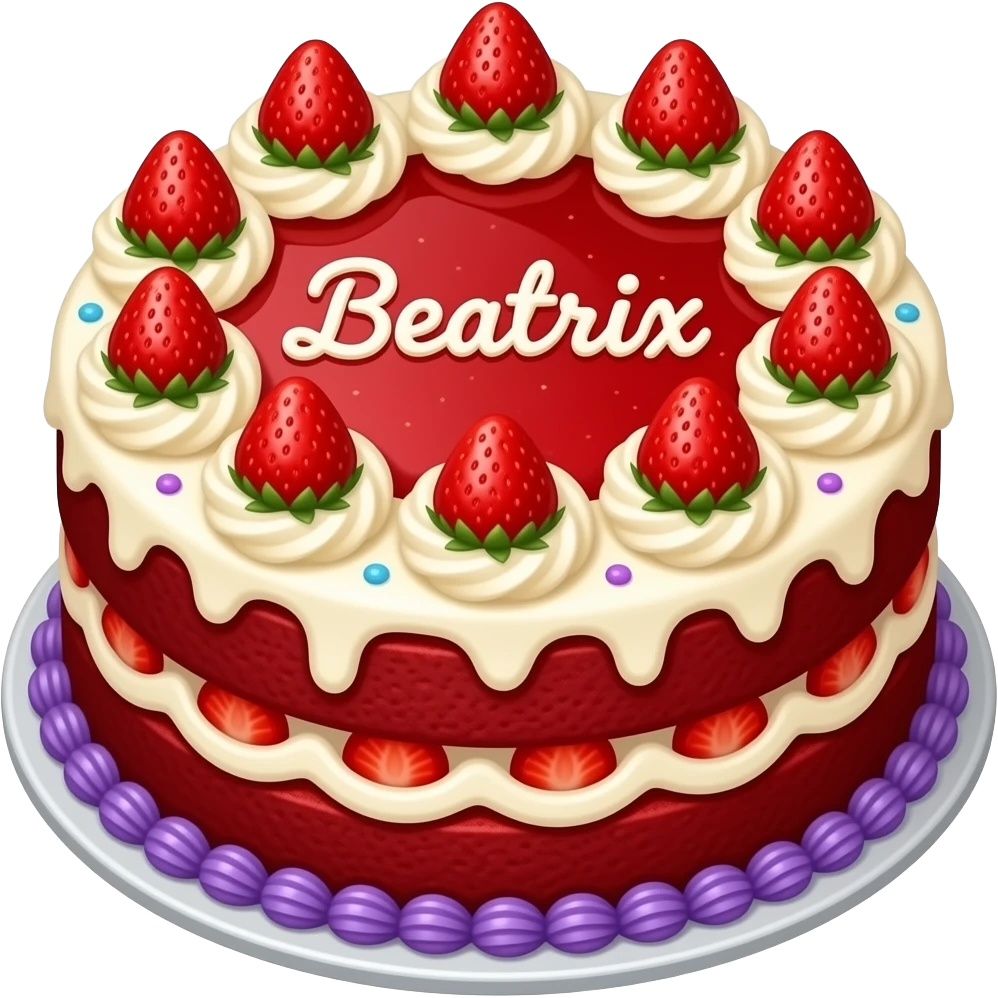 A full circle red velvet layer cake with purple and blue sprinkles and whipped cream with strawberries and strawberry jello writing saying Beatrix emoji