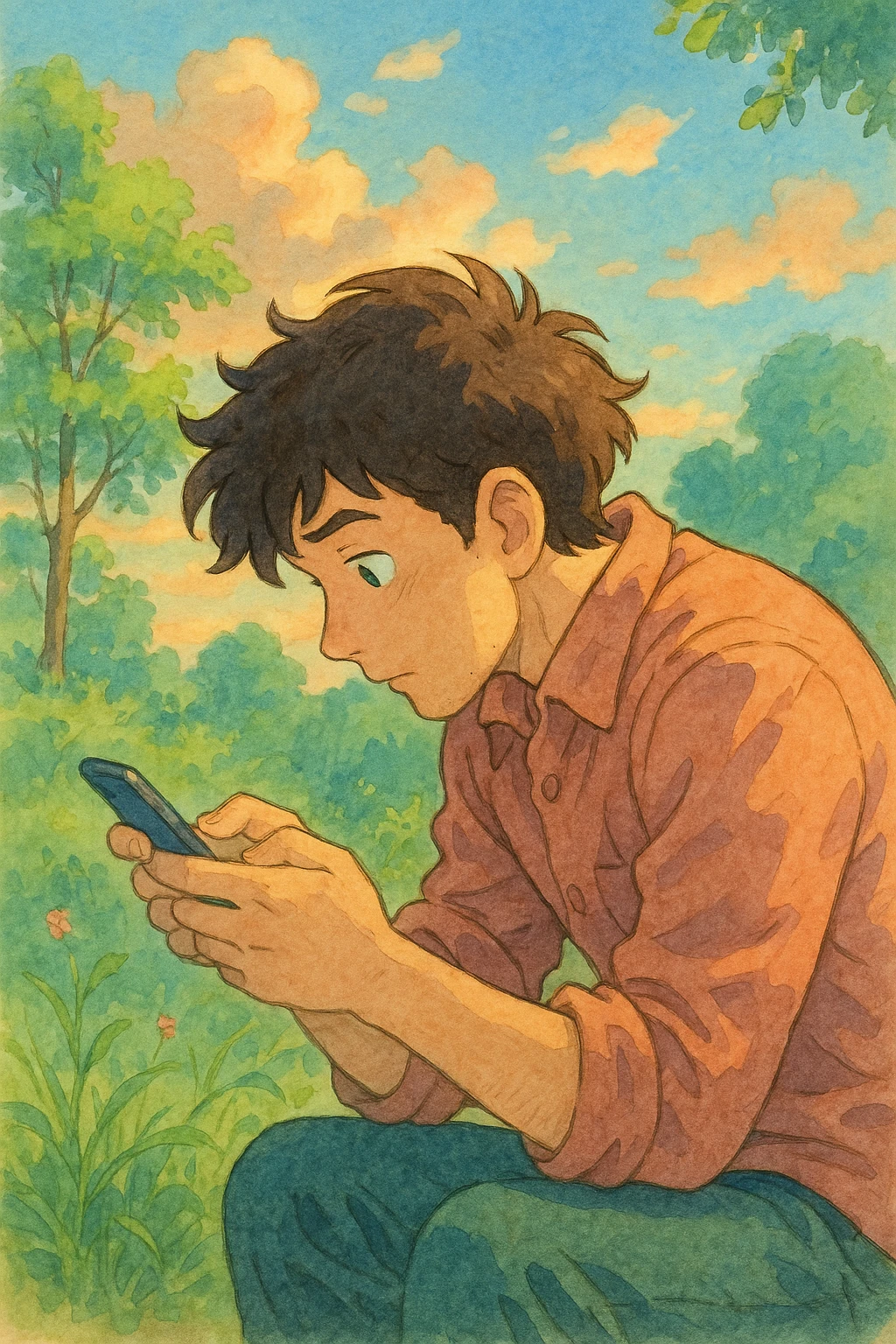 a man hunched over his cell phone, ghibli style emoji