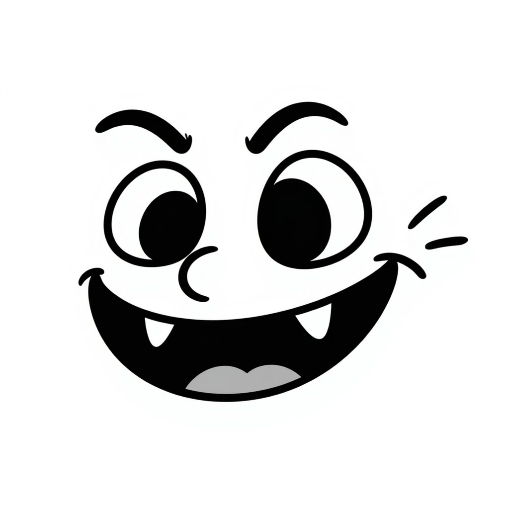 Draw a troll face with extra sharp features and a wild expression in a hand-drawn doodle style inspired by the provided reference. emoji