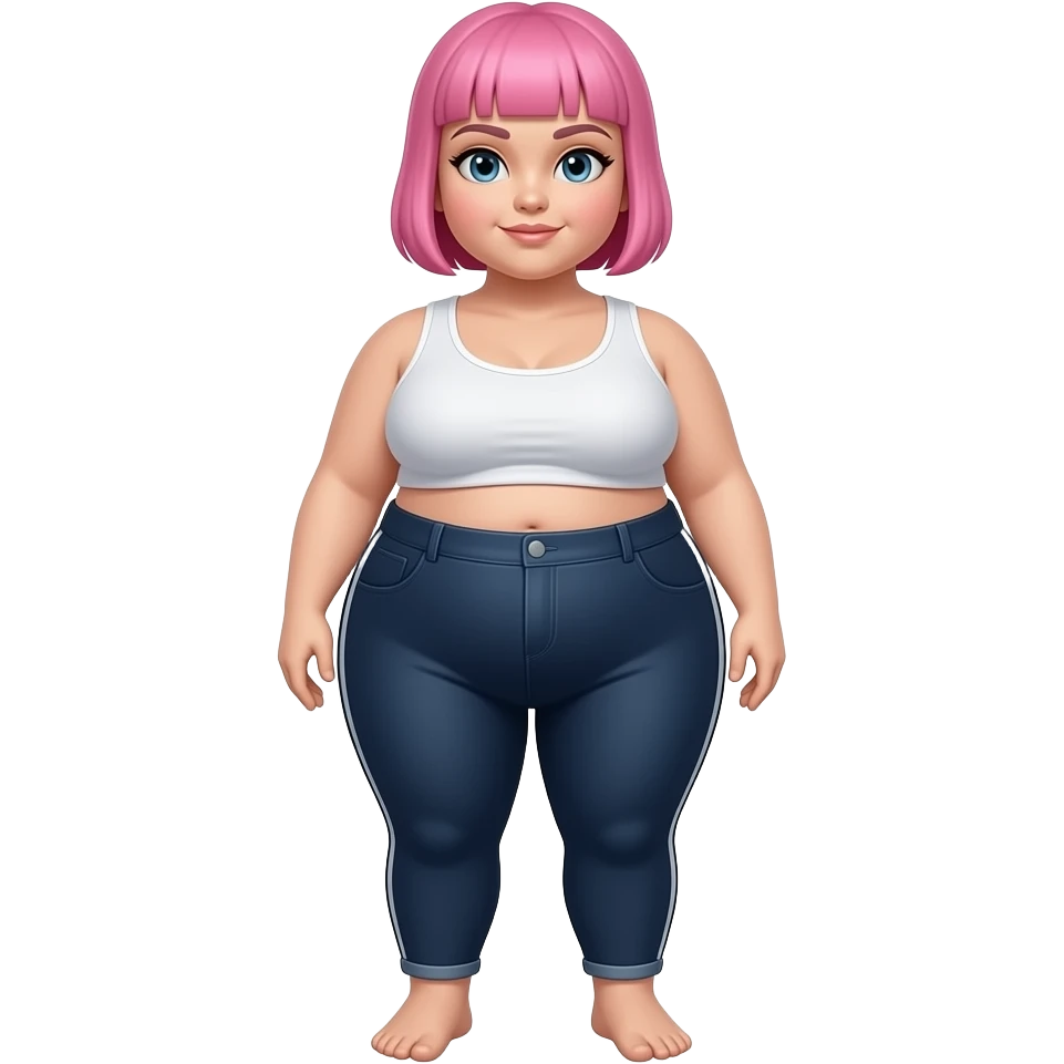A full bodyview head to foot. obese girl with short pink hear that is buzzcut on the side. Wearing tight stretch pants emoji