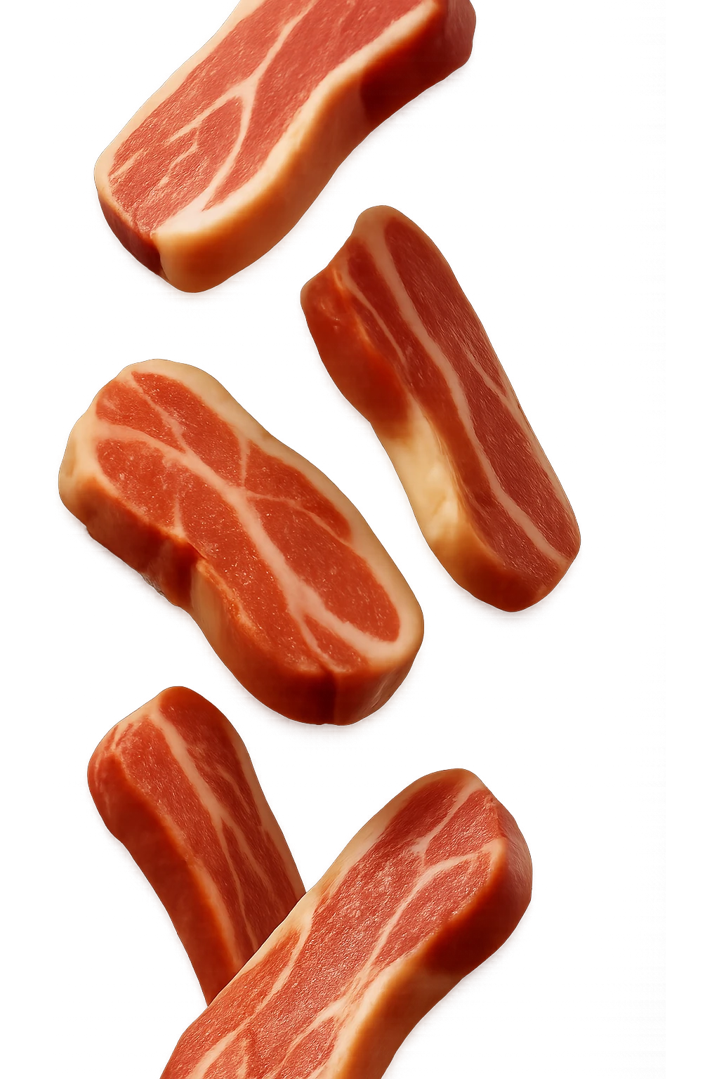 emoji stile iphone in 3d di fette di carne che cadono verticalmente dall'alto, iperrealistico 4k emoji