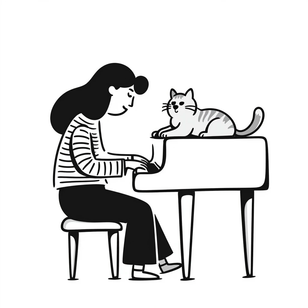woman playing piano while her cat sits on top of the piano emoji