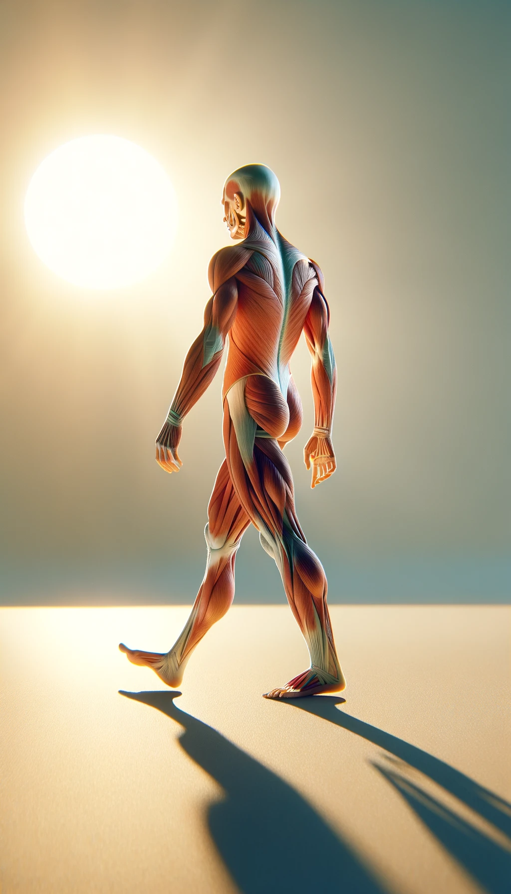 CORPO UMANO ANATOMICO IN PIEDI CHE CAMMINA DI FRONTE AL SOLE ESTIVO, COLORI REALISTICI DEI MUSCOLI, iperrealistico 4k emoji