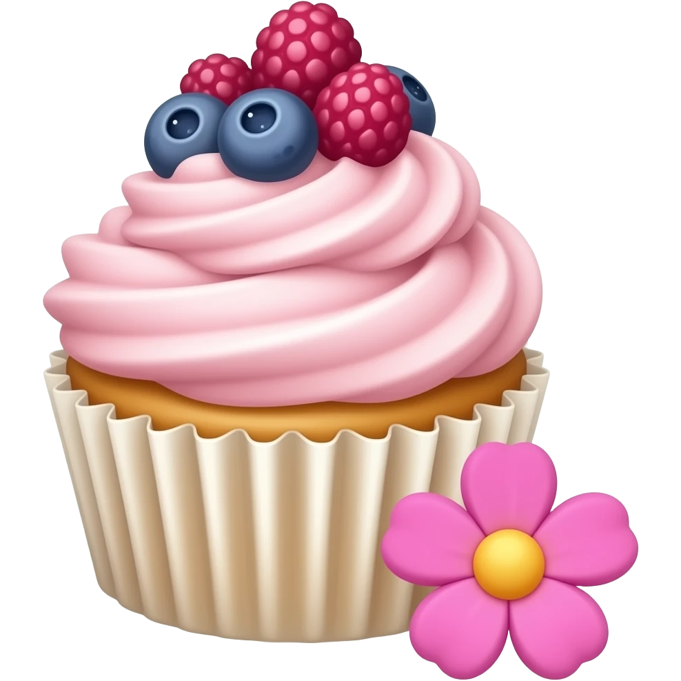 cupcake with pink icing and berries on itwith a cute pink flower next to it emoji