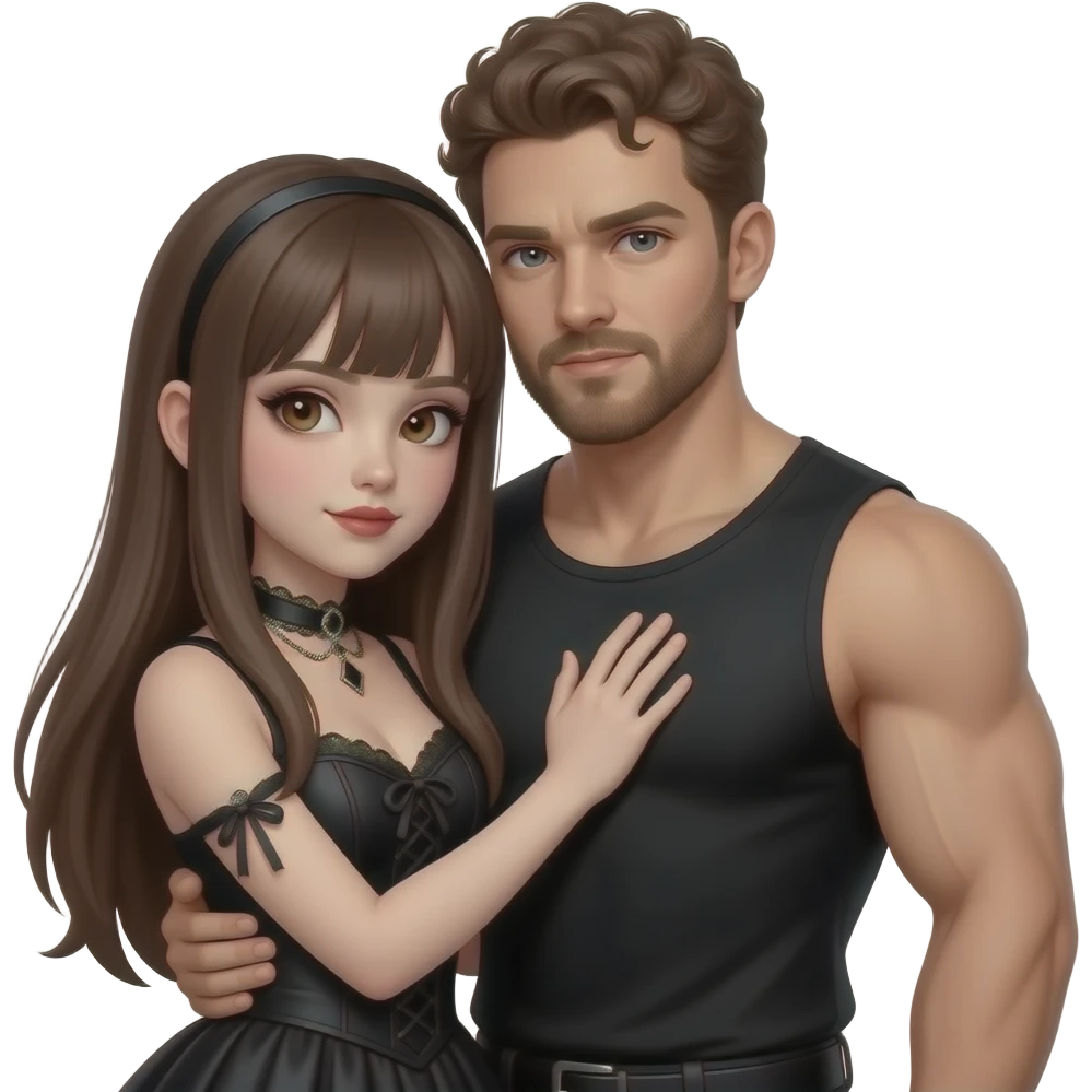 realistic sexy pale skin long straight brown hair girl brown eyes long face wearing gothic dress and gothic makeup HD and her muscular man short brown curly hair and beard hugging emoji