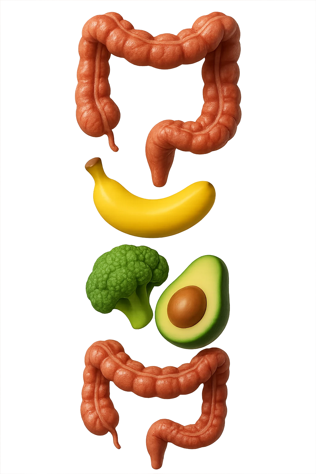 emoji stile iphone in 3d di cibo sano che fluttua in aria vericalmente insieme ùa pezzi di colon umano anatomico, iperrealistico 4k emoji