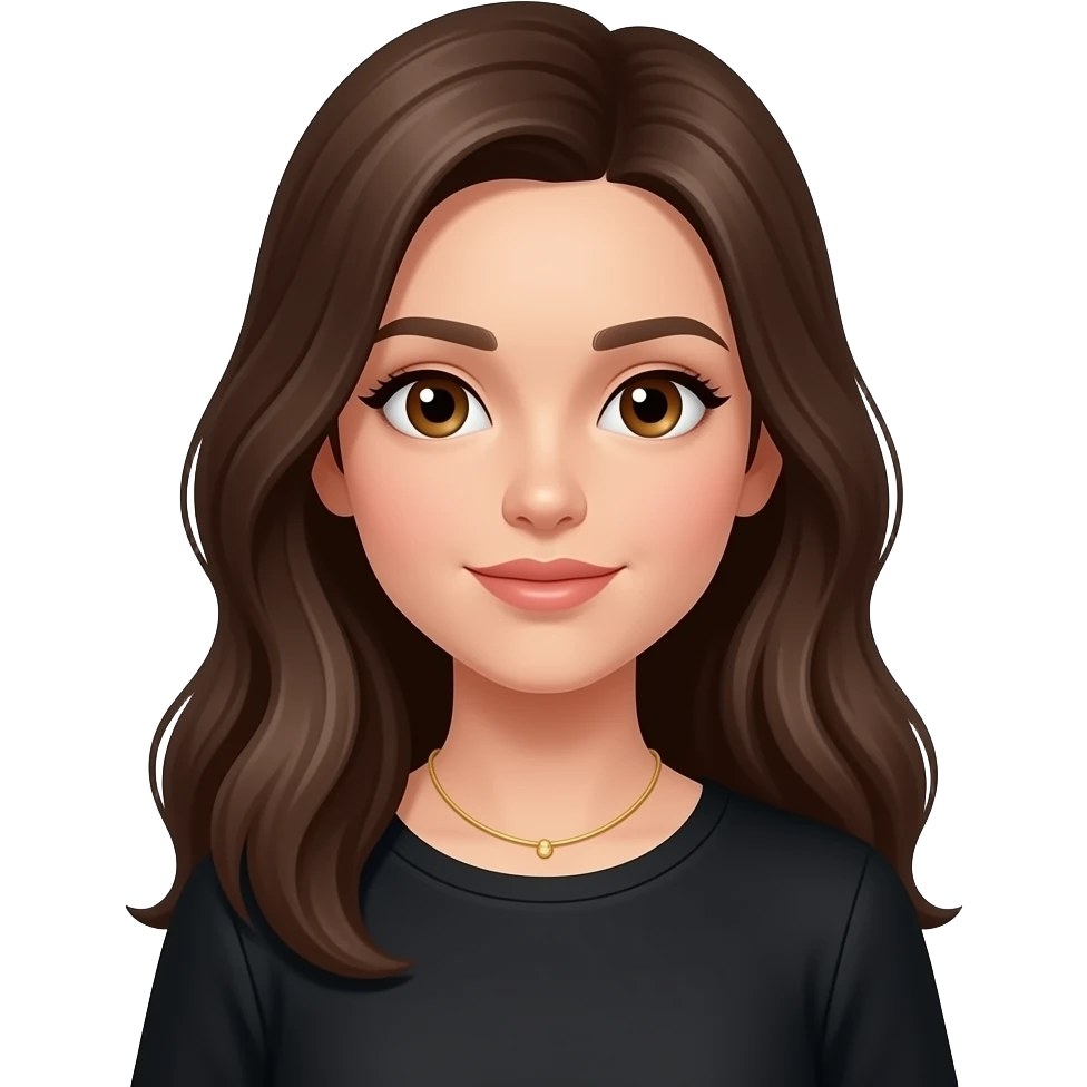 chica castaña con ojos marrones pelo largo top negro y collar fino dorado emoji