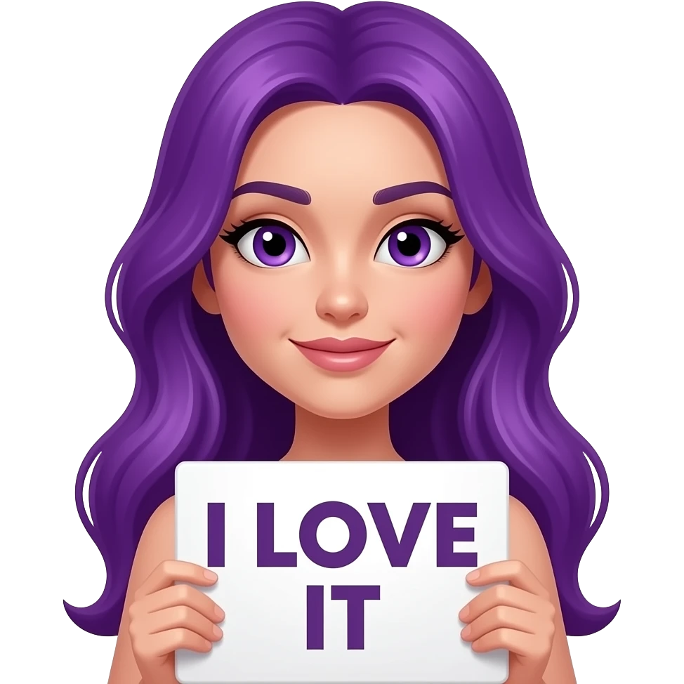 sexy girl with long purple hair and purple eyes holding I LOVE IT sign emoji