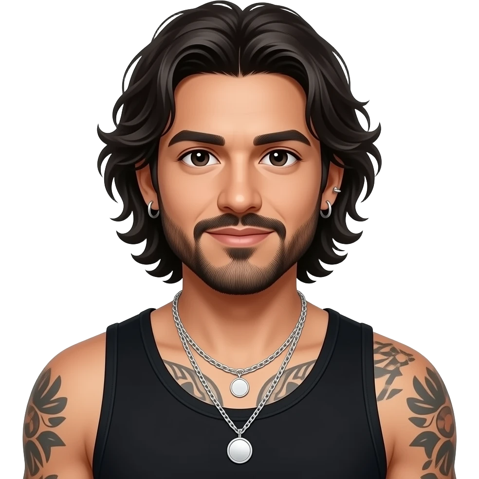 handsome, manly Latino podcast host with black colored eyes wearing a black tank top with silver jewelry, with medium length hair, a very long, lightly graying beard and tattoos, his ear and nose pierced, his hair is a big mess because he just woke up with morning face emoji