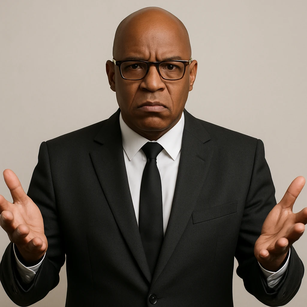 Сгенерируй мне афроамериканца в пиджаке, лысого, в очках, он выглядит солидно. Строго в анфас. Его лицо чуточку недовольно, а руками он размахивает и разводит в сторону. На однородном фоне. emoji