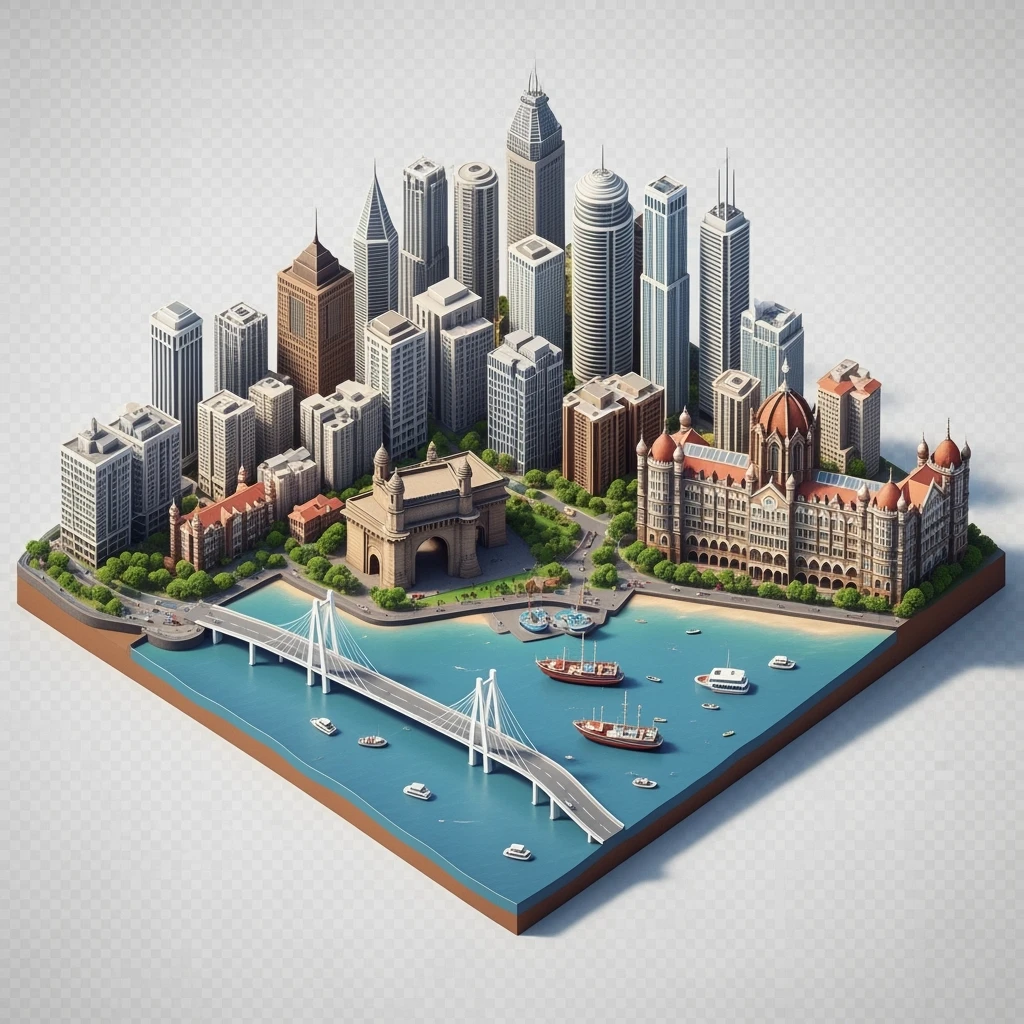 Isometric miniature of Mumbai city, featuring iconic landmarks like Gateway of India, Bandra-Worli Sea Link, Chhatrapati Shivaji Terminus,  clustered high-rises and skyscrapers, 3D miniature effect and Tilt Shift effect, no cartoonish look, transparent background. emoji
