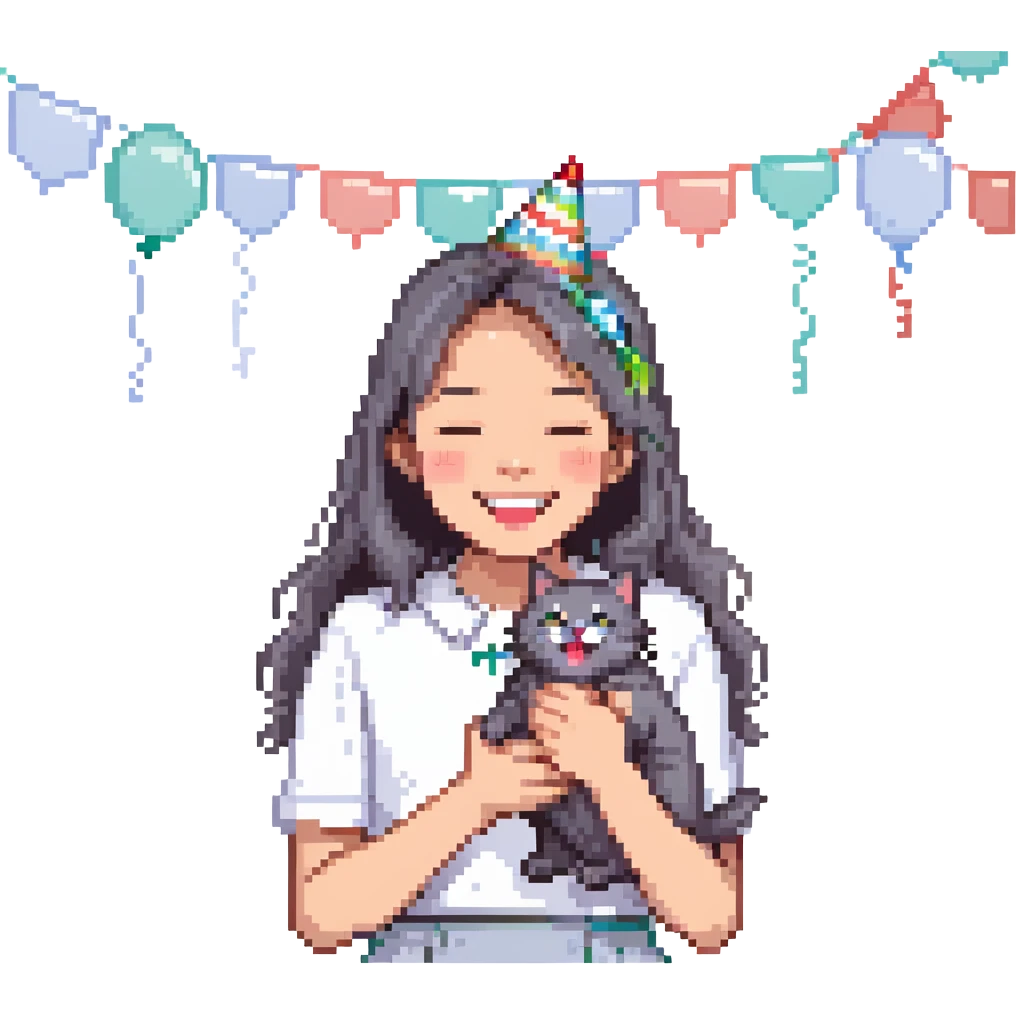 asian girl laughing, holding a grey cat, birthday party emoji