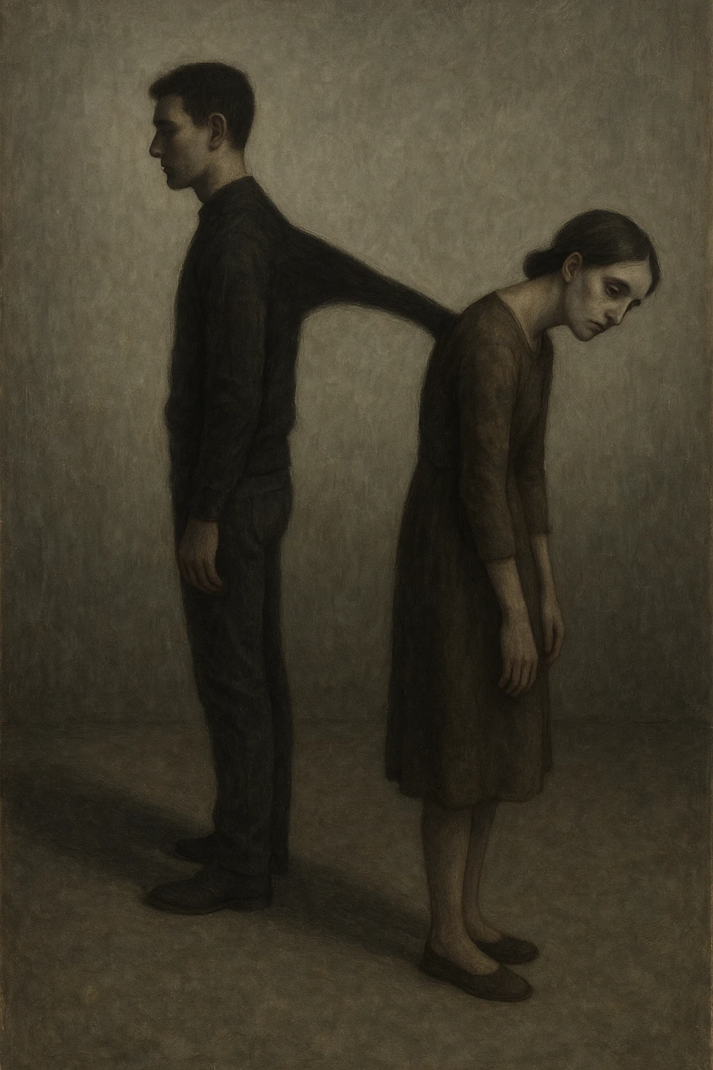 Vertical format: A man with a long shadow stretching and attaching to the back of a woman, she has a curved posture and a dull, lifeless gaze, emotional and somber atmosphere. emoji
