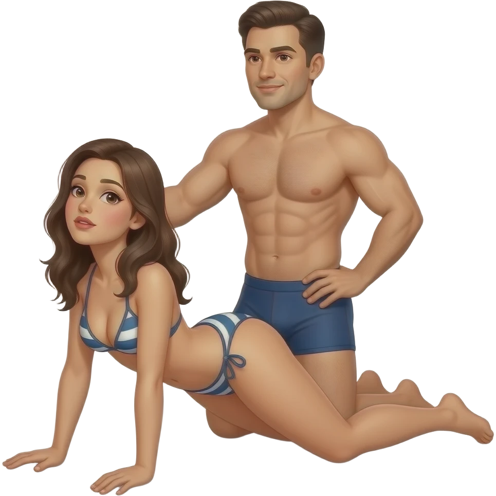 fille à quatre pattes en bikini la tête en arrière,jambes écartées avec un homme en slip derrière elle qui tiens le coup de la femme  avec une main sur la hanche de la femme emoji