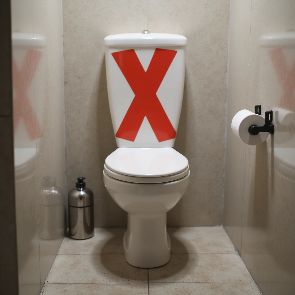 a realistic toilet with a bold red X over it, photorealistic style emoji