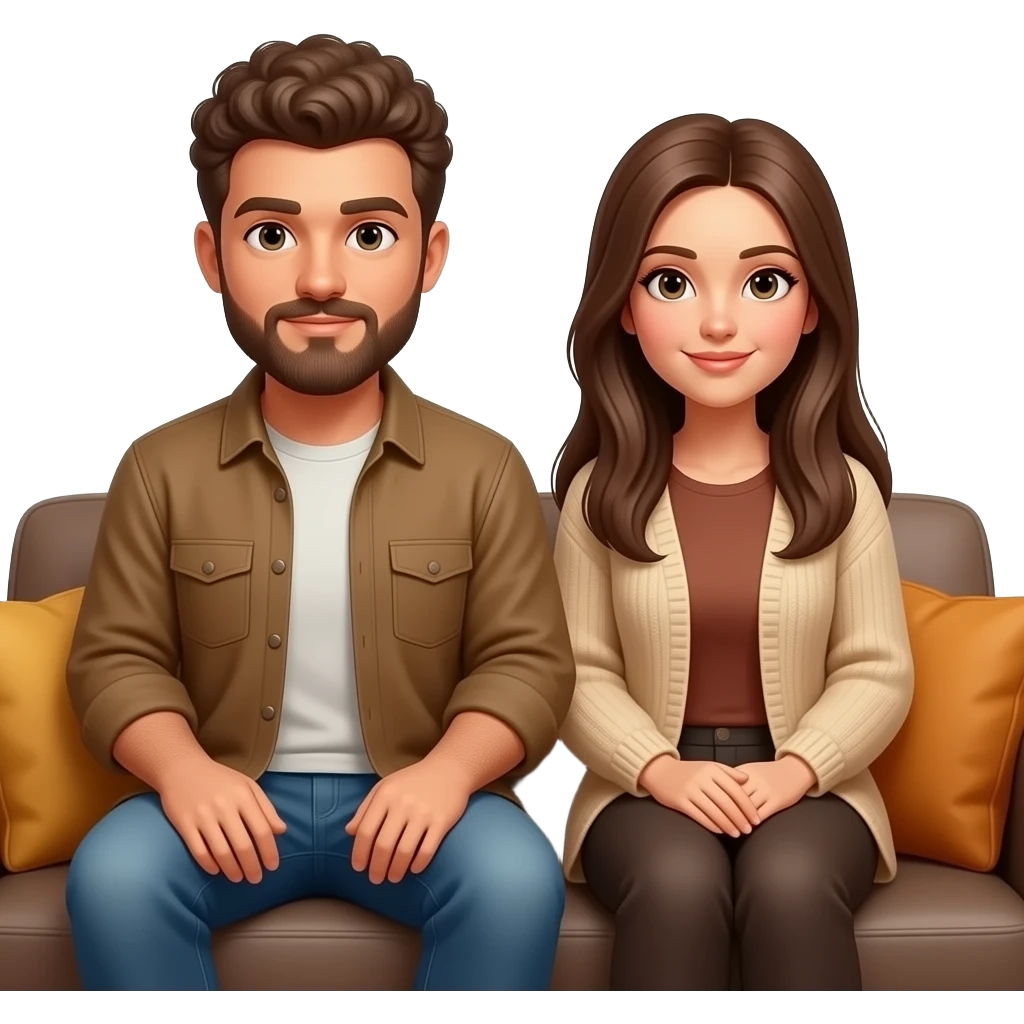 Realistic white man brown super short curly hair with beard being cozy with realistic white woman brown long straight hair on couch autumn emoji