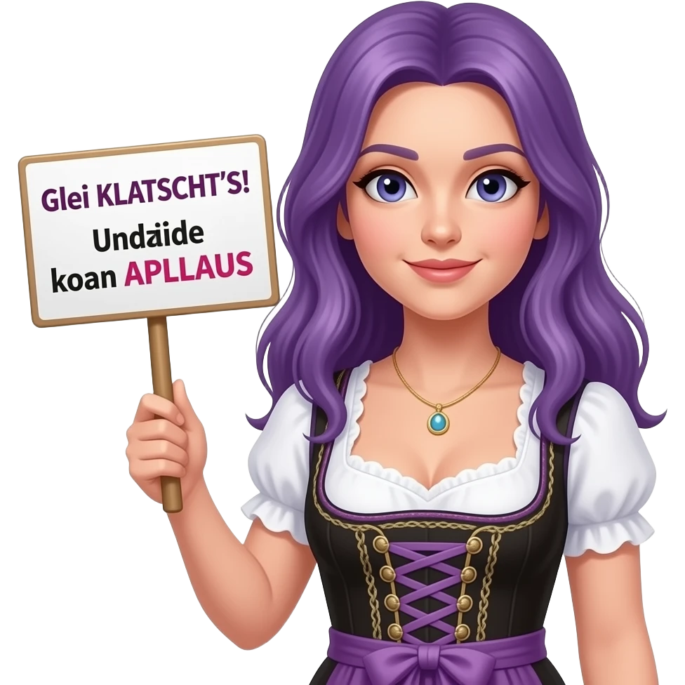 girl with long purple hair wearing a dirndl holding a Glei KLATSCHT'S! Und zwar koan APLLAUS sign emoji