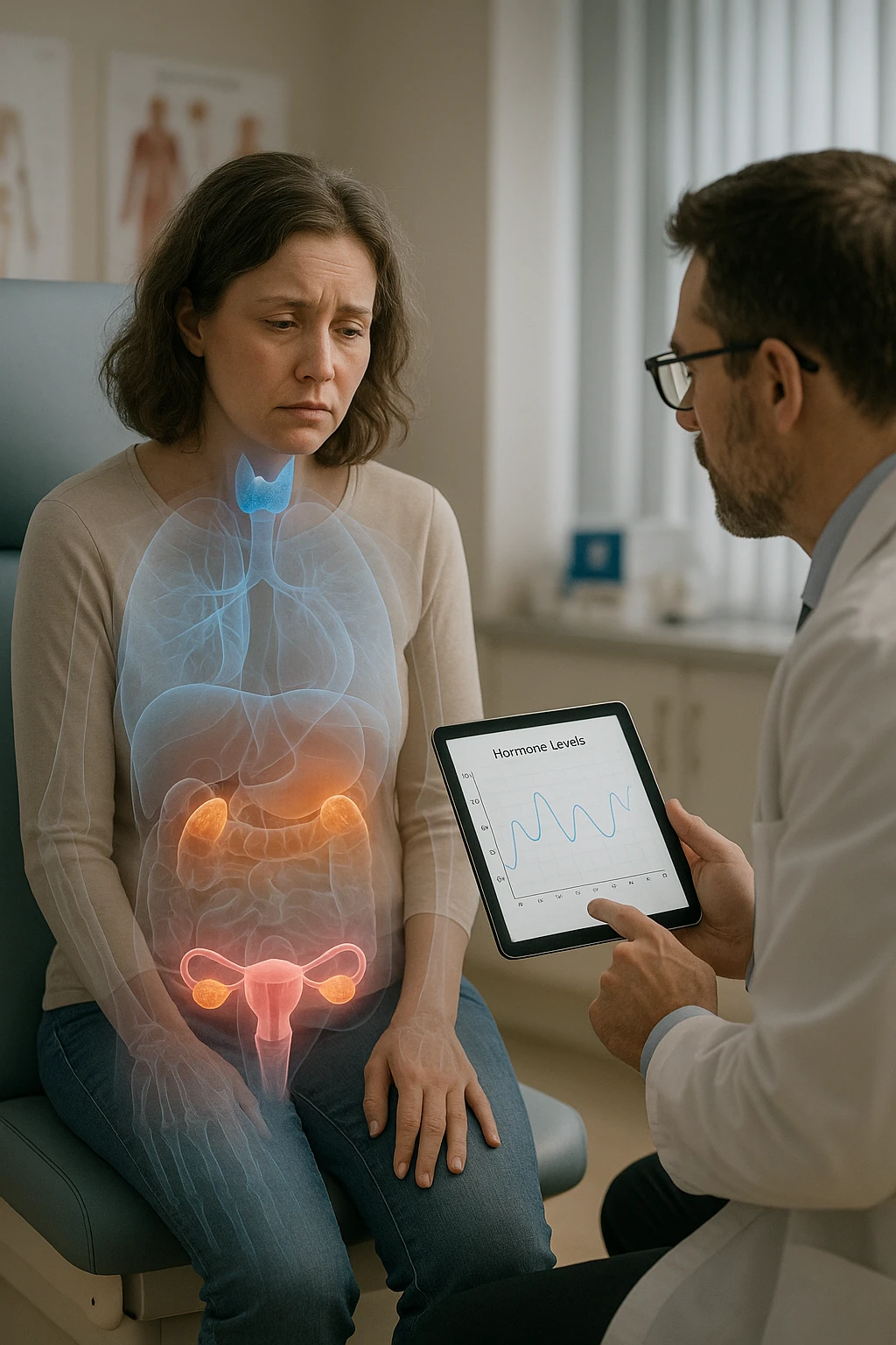 Realistic, vertical medical scene: a woman sits in a doctor’s office, looking fatigued and concerned. A semi-transparent overlay shows her internal organs, with the thyroid, ovaries, and adrenal glands glowing or pulsing in different colors to indicate hormonal imbalance. The doctor points to a digital tablet displaying fluctuating hormone levels. The mood is informative and empathetic. emoji