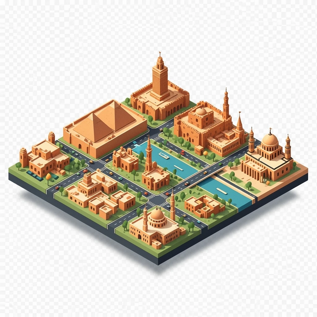 Isometric minimalistic illustration of Cairo, subtle 3D miniature effect and Tilt Shift effect, no cartoonish look, transparent background. emoji