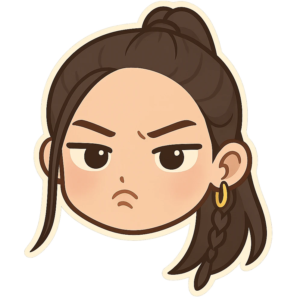 Create a chibi sticker of this person with a pouty expression, only the head, transparent background. emoji